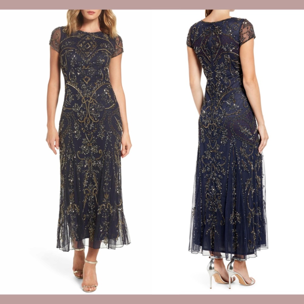 NWT Pisarro Nights [ 4 ] Embellished Beaded Mesh Column‎ Gown in Navy/Gold